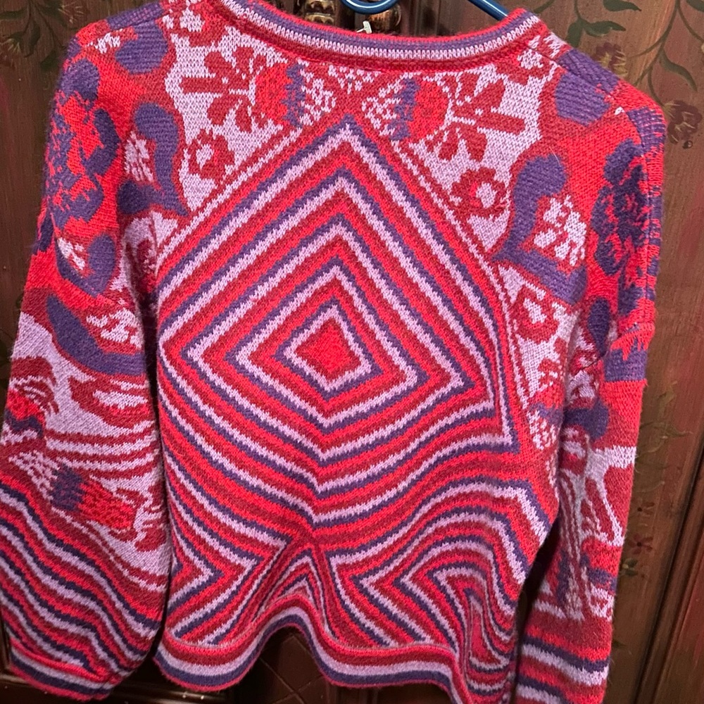 FARM Rio Red and Purple Crew Neck Sweater with Geometric Patterns - Picture 3 of 3